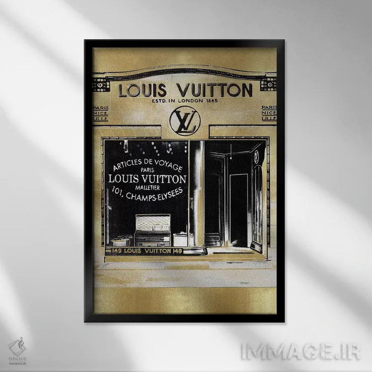 تابلو دکوراتیو ویترین فروشگاه طراح در زمینه طلایی اثر مدلین بلیک - نمای قابدار مشکی