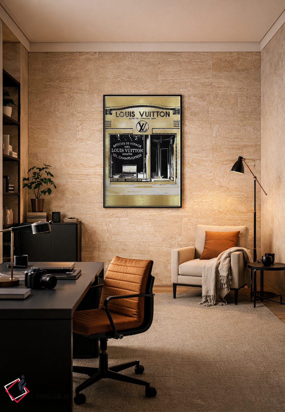 تابلو دکوراتیو ویترین فروشگاه طراح در زمینه طلایی اثر مدلین بلیک - D3B