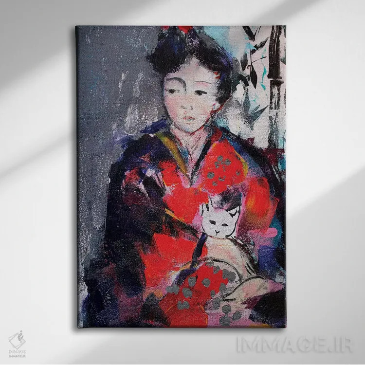 تابلو دکوراتیو گیشا و گربه I اثر مارینا دل پوزو - نمای روبهرو روی دیوار