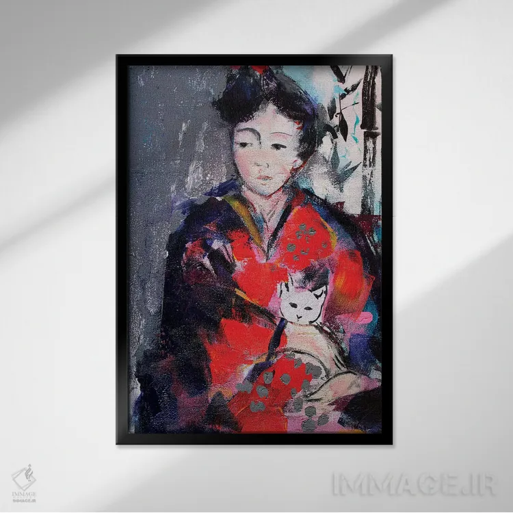 تابلو دکوراتیو گیشا و گربه I اثر مارینا دل پوزو - نمای قابدار مشکی