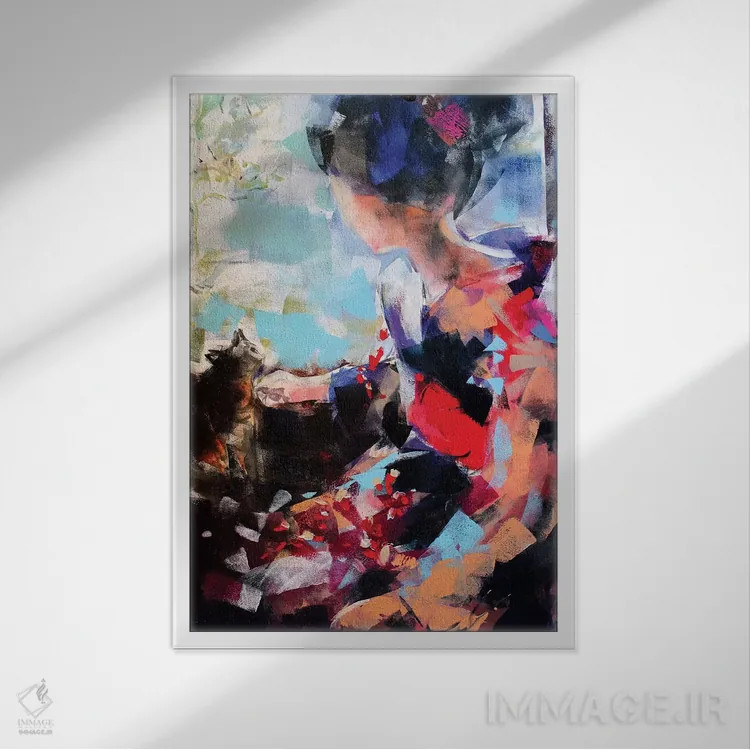تابلو دکوراتیو گیشا و گربه II اثر مارینا دل پوزو - نمای قابدار سفید