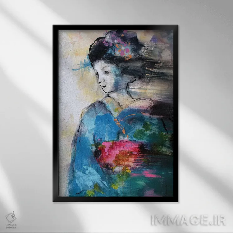 تابلو دکوراتیو گیشای آبی اثر مارینا دل پوزو - نمای قابدار مشکی