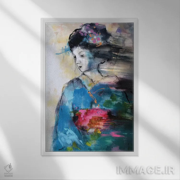 تابلو دکوراتیو گیشای آبی اثر مارینا دل پوزو - نمای قابدار سفید