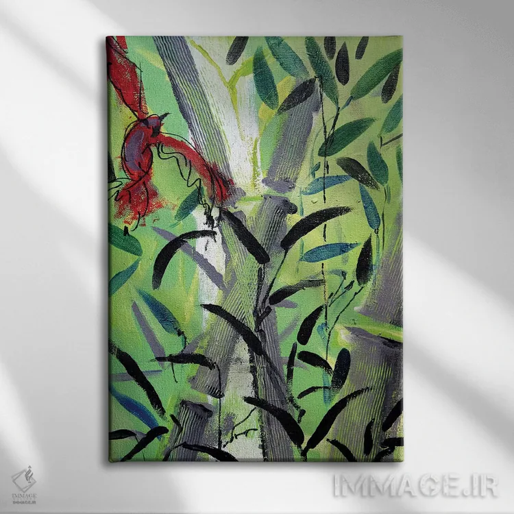 تابلو دکوراتیو پرنده قرمز I اثر مارینا دل پوزو - نمای روبهرو روی دیوار