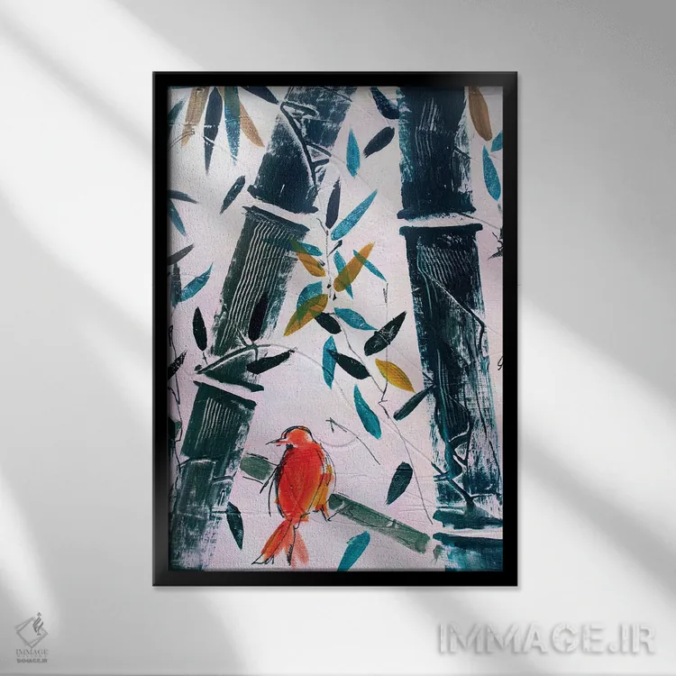 تابلو دکوراتیو پرنده قرمز II اثر مارینا دل پوزو - نمای قابدار مشکی