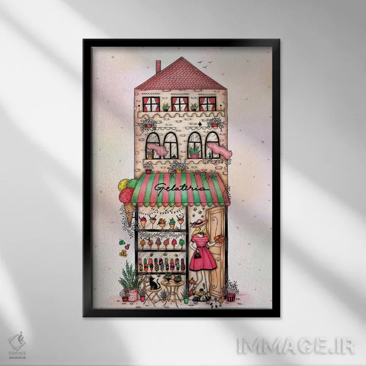 تابلو دکوراتیو آبمیوه فروشی آبرنگی اثر مادالینا تنتارئانو - نمای قابدار مشکی