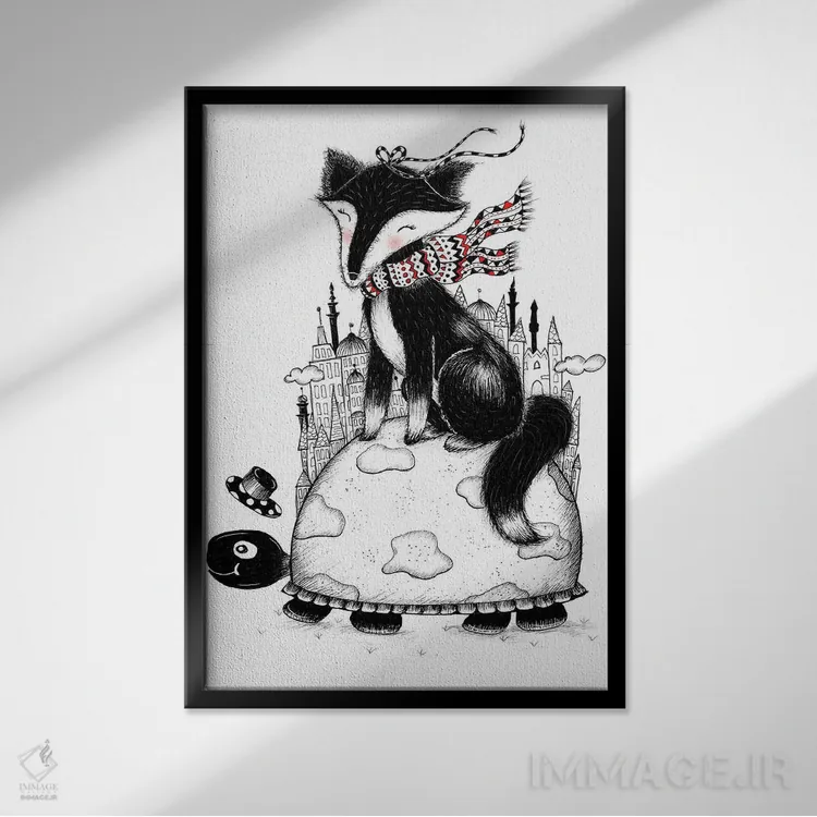 تابلو دکوراتیو روباه و لاک پشت اثر مادالینا تنتارئانو - نمای قابدار مشکی