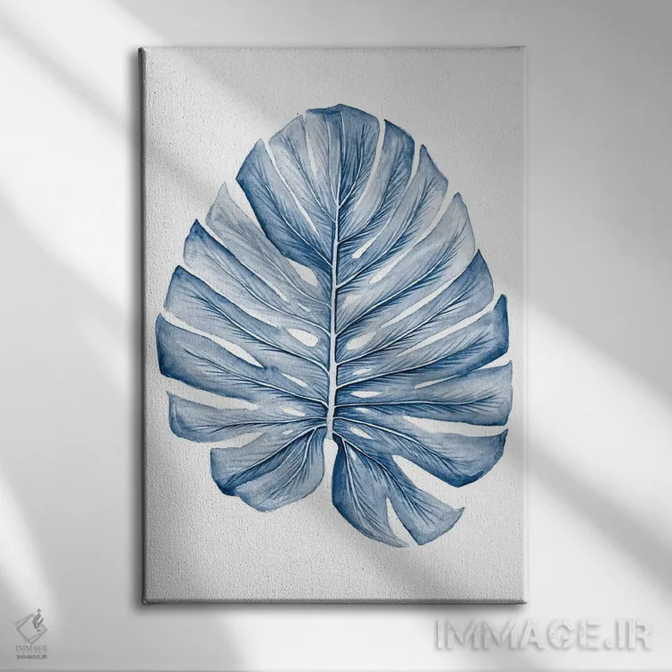 تابلو دکوراتیو برگ های استوایی نیلی I اثر مگان میگر - نمای روبهرو روی دیوار