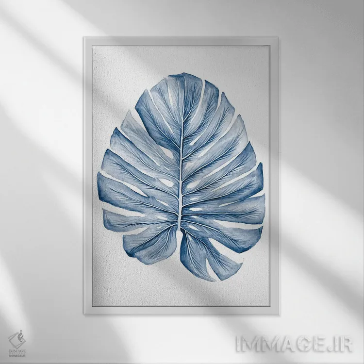 تابلو دکوراتیو برگ های استوایی نیلی I اثر مگان میگر - نمای قابدار سفید