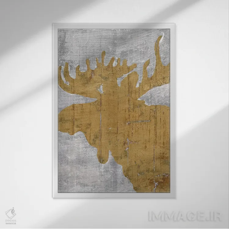 تابلو مدرن گوزن شمالی در کلبه روستایی روی زمینه خاکستری اثر ماری الین کوسون - نمای قابدار سفید