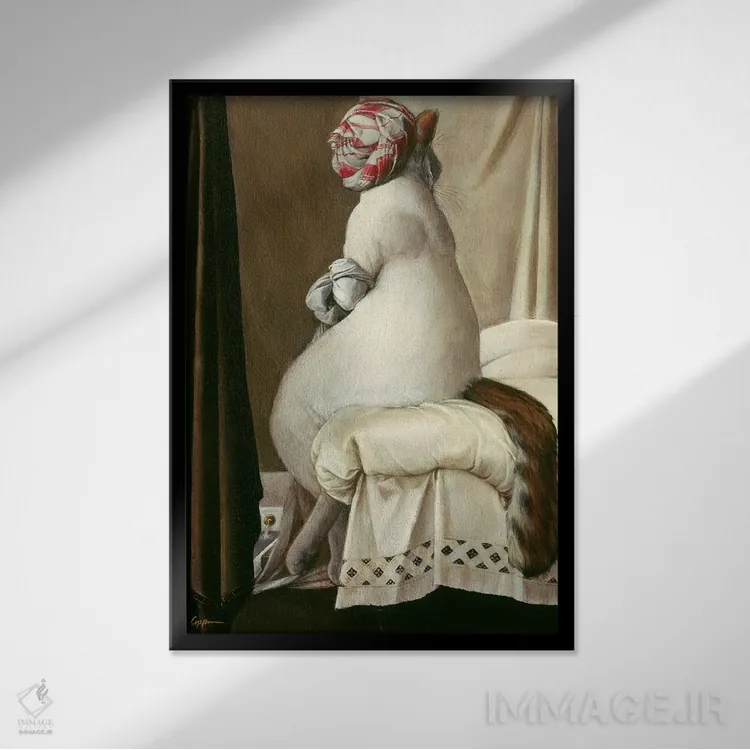 تابلو دکوراتیو حمام گربه اثر ملیندا کوپر - نمای قابدار مشکی