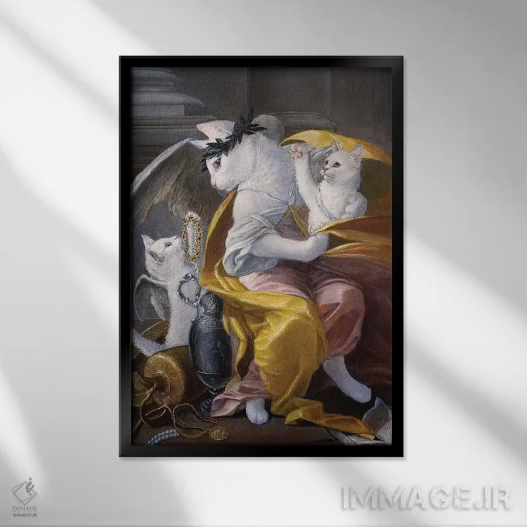 تابلو دکوراتیو فرشتگان گربه سفید اثر ملیندا کوپر - نمای قابدار مشکی