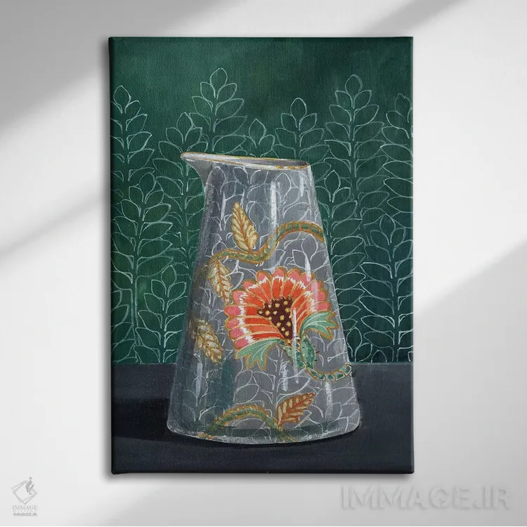 تابلو مدرن گلدان گل دار روی زمینه سبز اثر میری اشت - نمای روبهرو روی دیوار