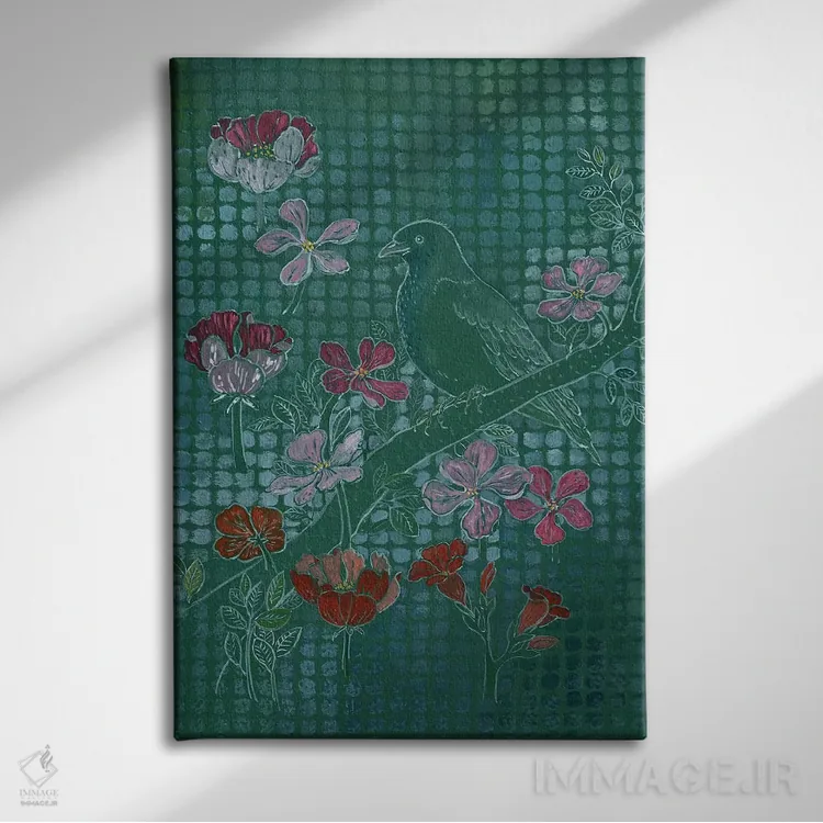 تابلو مدرن پرنده روی سبز اثر میری اشت - نمای روبهرو روی دیوار