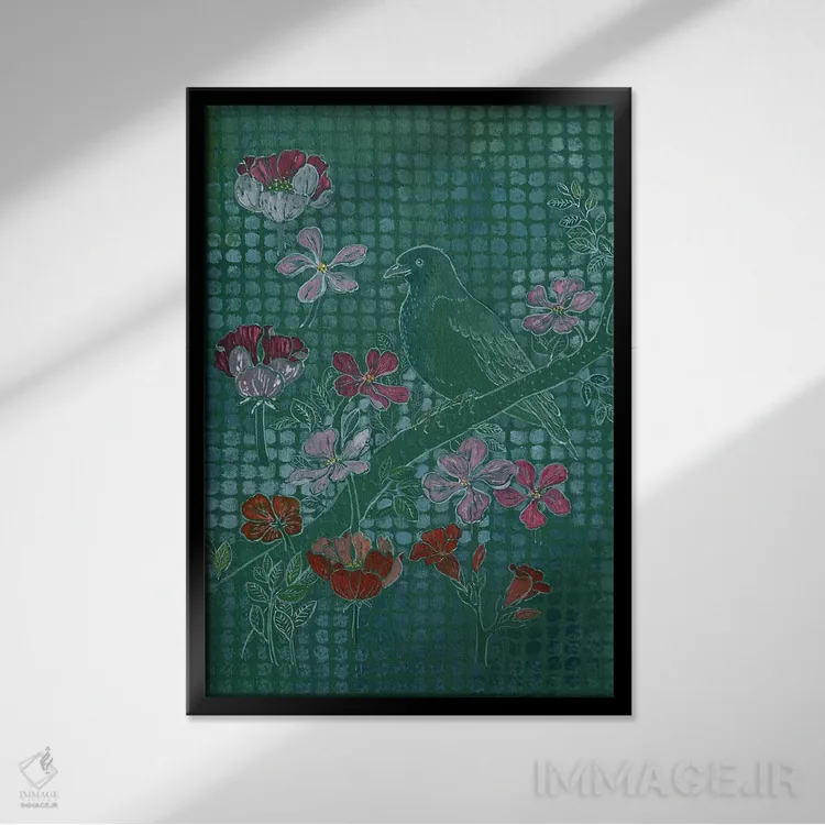 تابلو مدرن پرنده روی سبز اثر میری اشت - نمای قابدار مشکی