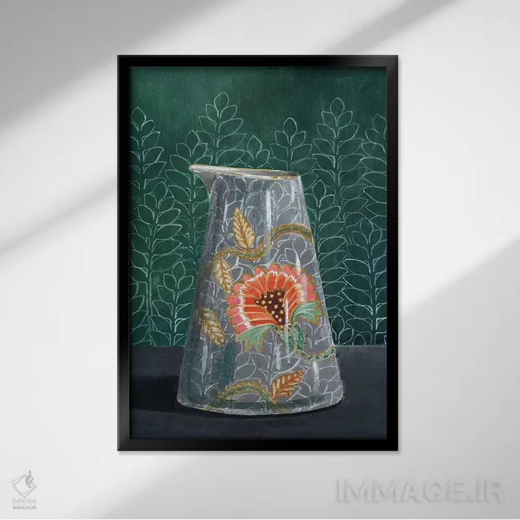 تابلو مدرن گلدان گل دار روی زمینه سبز اثر میری اشت - نمای قابدار مشکی