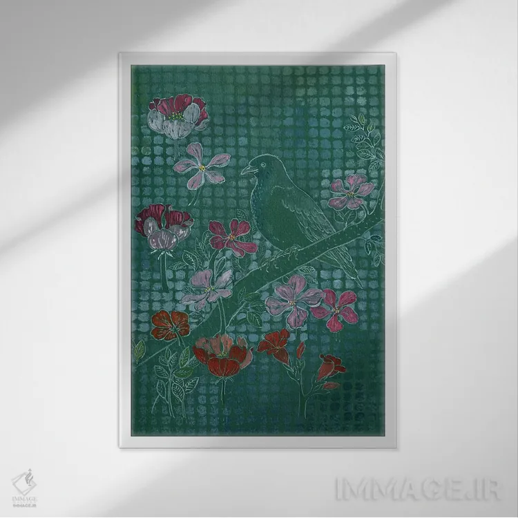 تابلو مدرن پرنده روی سبز اثر میری اشت - نمای قابدار سفید