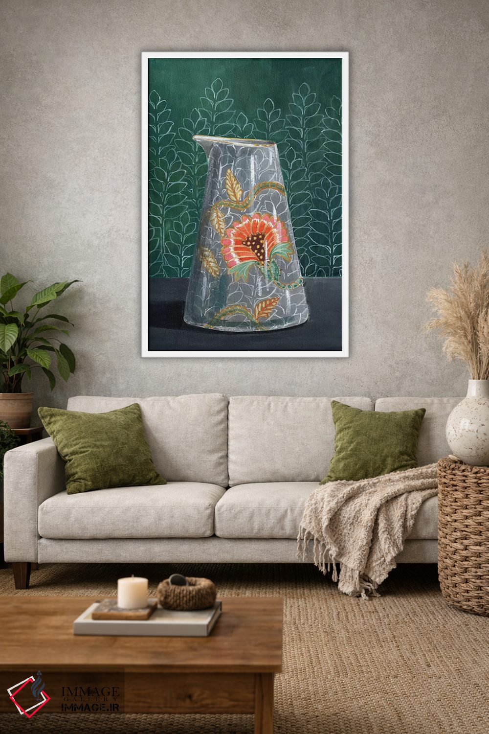 تابلو مدرن گلدان گل دار روی زمینه سبز اثر میری اشت - D1W