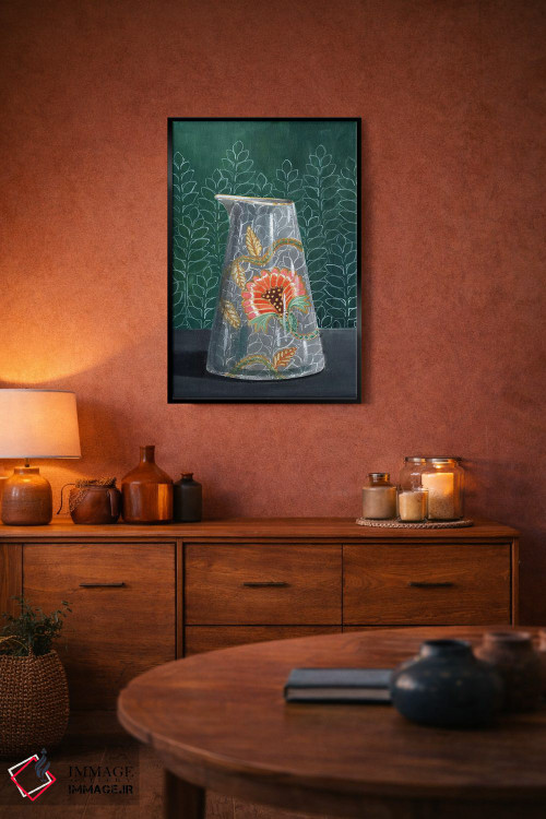 تابلو مدرن گلدان گل دار روی زمینه سبز اثر میری اشت - D5B