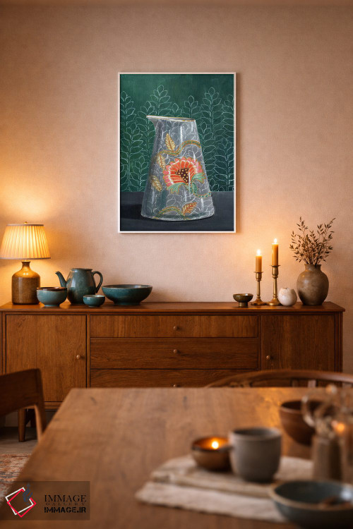 تابلو مدرن گلدان گل دار روی زمینه سبز اثر میری اشت - D6W