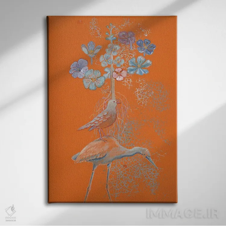تابلو مدرن رویاهای حواصیل روی نارنجی اثر میری اشت - نمای روبهرو روی دیوار