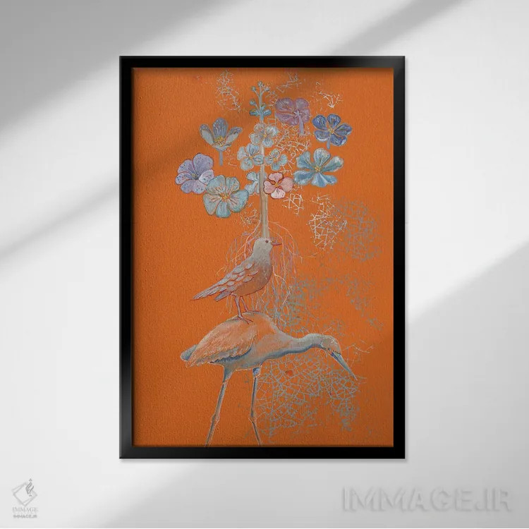 تابلو مدرن رویاهای حواصیل روی نارنجی اثر میری اشت - نمای قابدار مشکی
