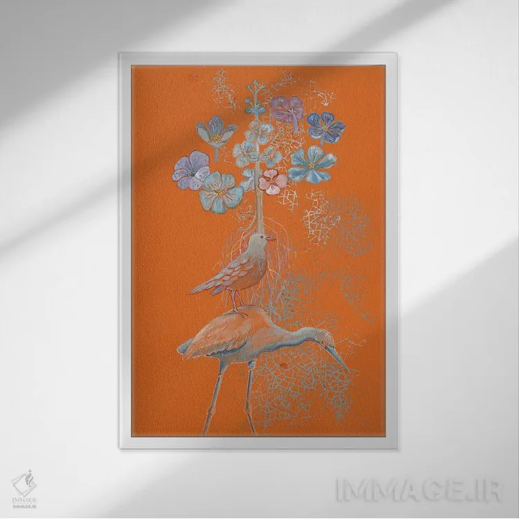 تابلو مدرن رویاهای حواصیل روی نارنجی اثر میری اشت - نمای قابدار سفید