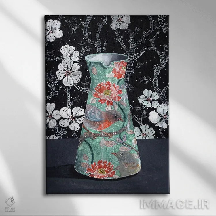 تابلو مدرن گلدان یشم با پرندگان اثر میری اشت - نمای روبهرو روی دیوار