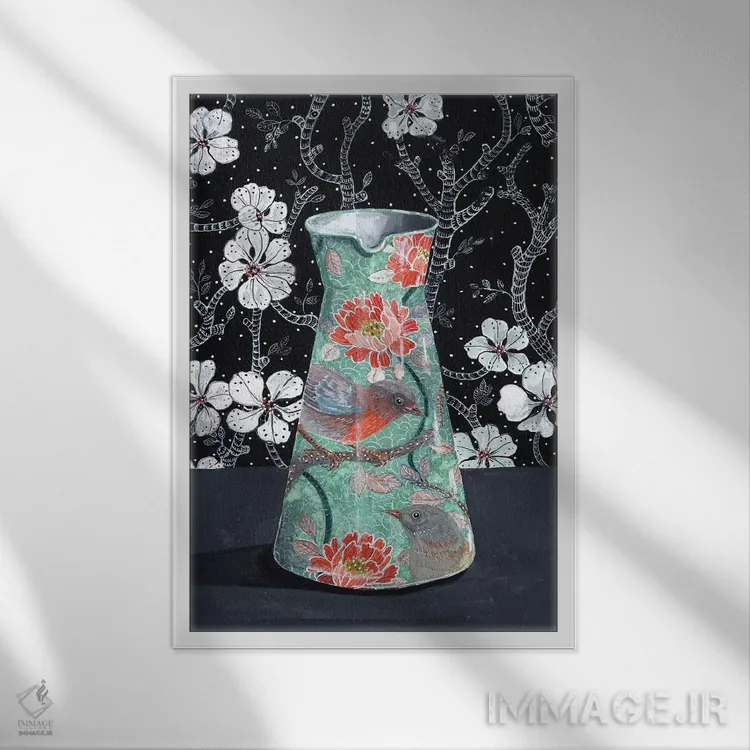 تابلو مدرن گلدان یشم با پرندگان اثر میری اشت - نمای قابدار سفید