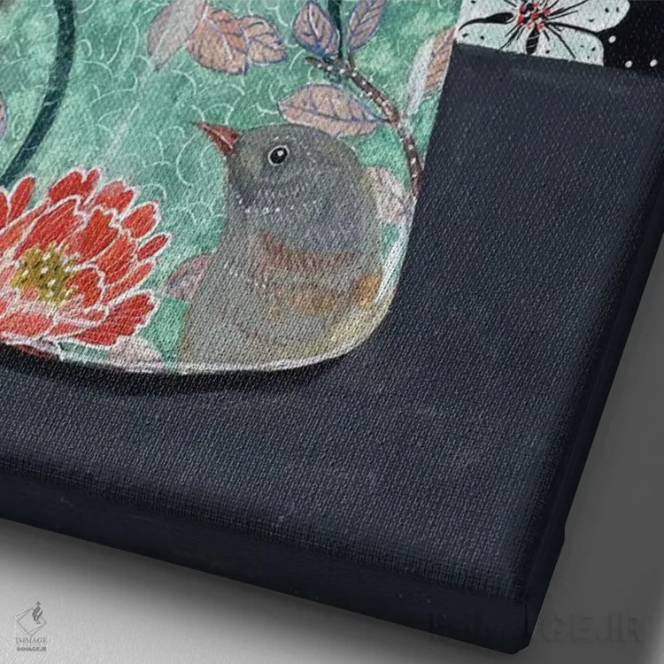 تابلو مدرن گلدان یشم با پرندگان اثر میری اشت - نمای نزدیک بافت بوم