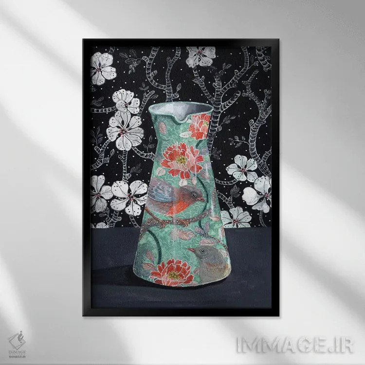 تابلو مدرن گلدان یشم با پرندگان اثر میری اشت - نمای قابدار مشکی