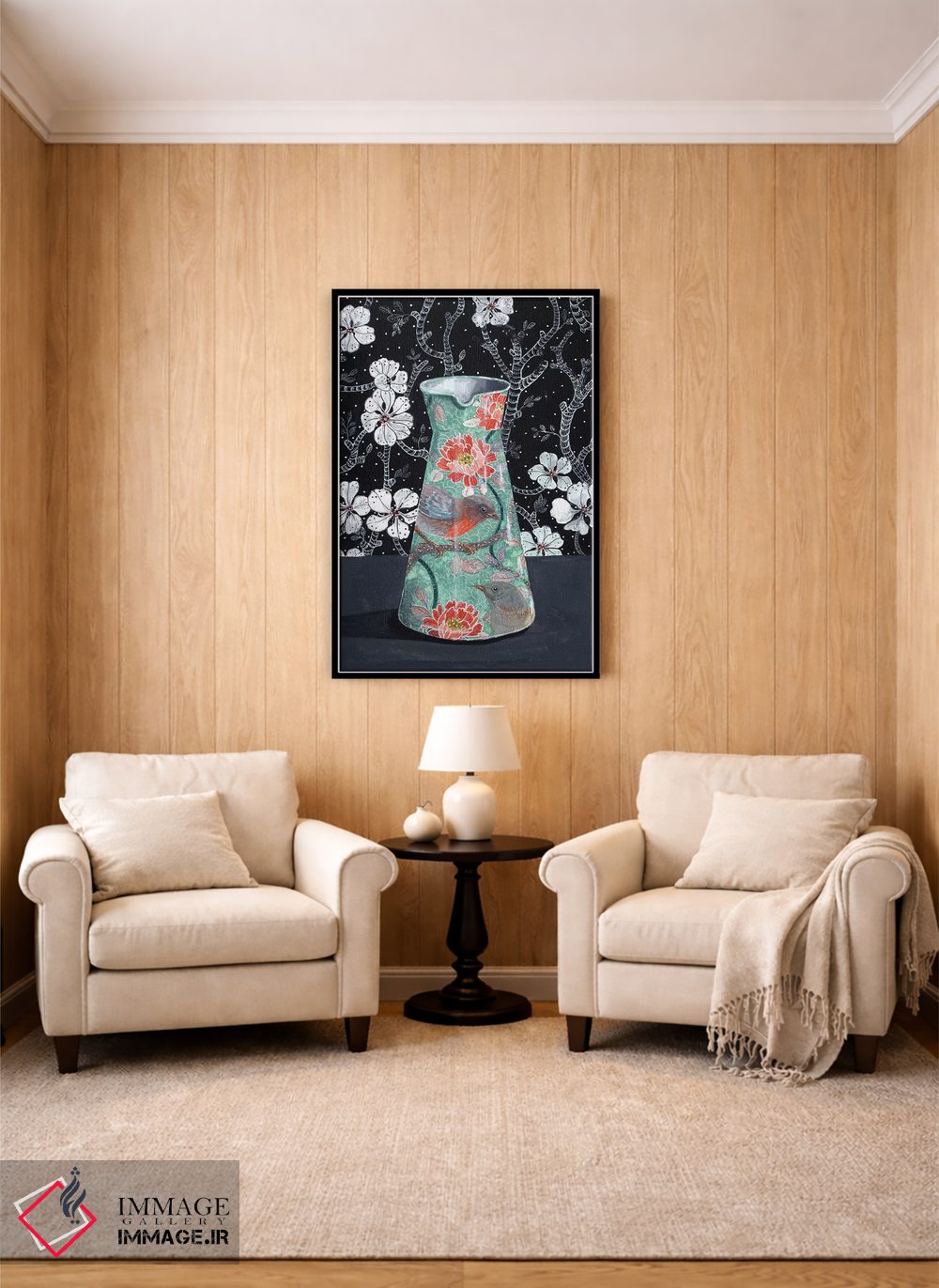 تابلو مدرن گلدان یشم با پرندگان اثر میری اشت - D4B