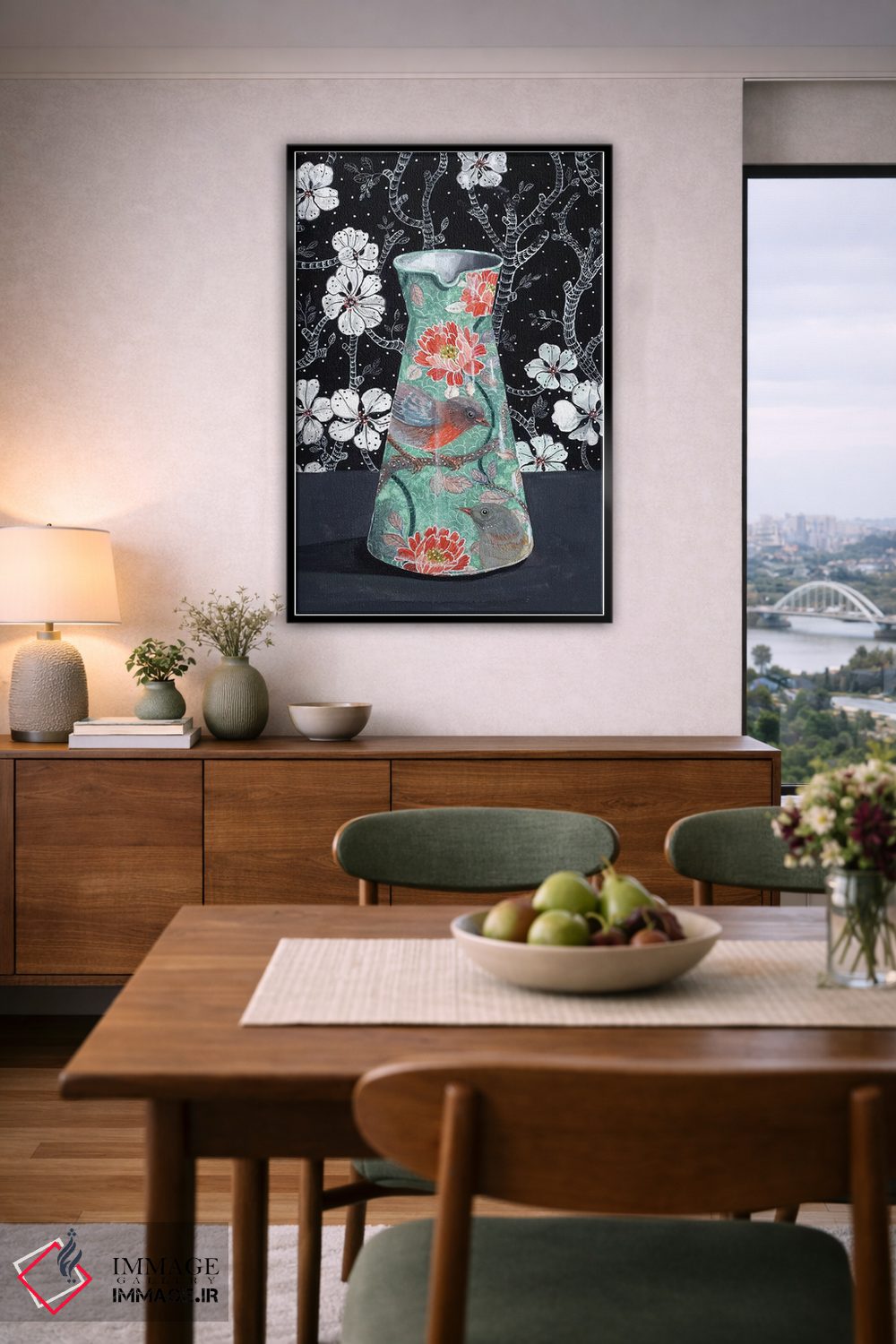 تابلو مدرن گلدان یشم با پرندگان اثر میری اشت - D6B