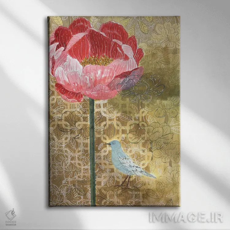 تابلو مدرن پرنده کوچک با گل صورتی اثر میری اشت - نمای روبهرو روی دیوار