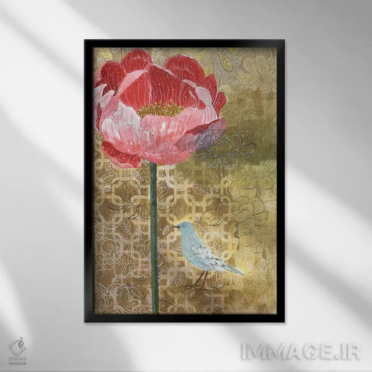 تابلو مدرن پرنده کوچک با گل صورتی اثر میری اشت - نمای قابدار مشکی