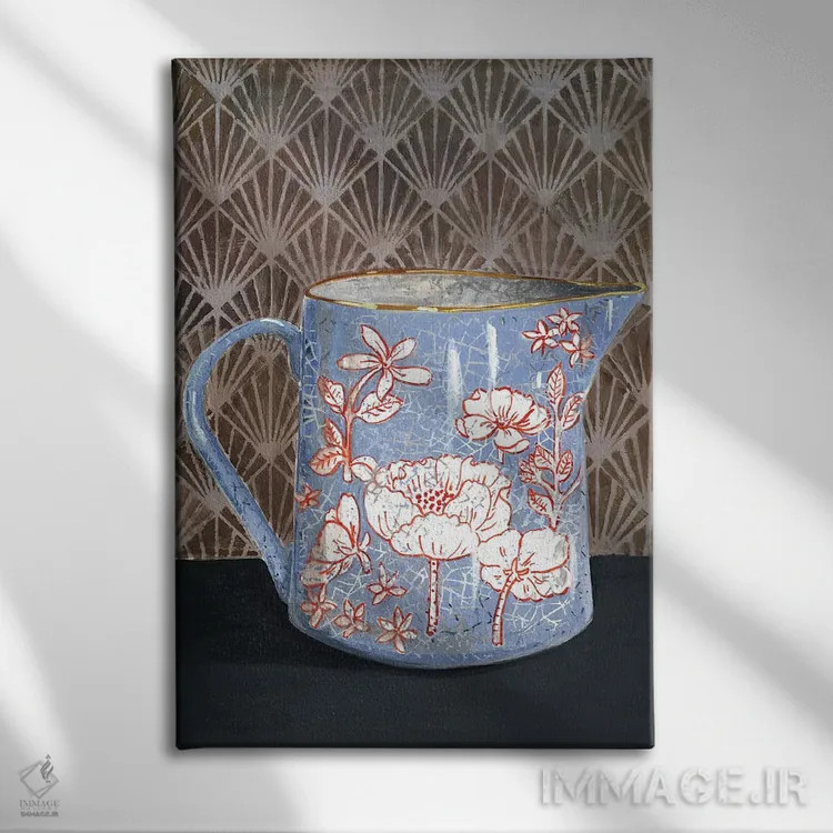 تابلو مدرن گلدان گل دار آبی کم رنگ اثر میری اشت - نمای روبهرو روی دیوار