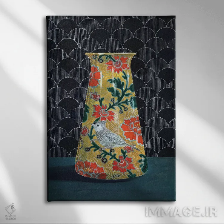 تابلو مدرن گلدان زرد با پرنده چرخ ریسک اثر میری اشت - نمای روبهرو روی دیوار