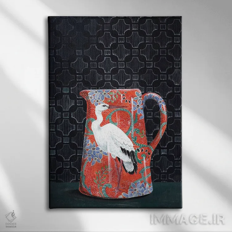 تابلو مدرن پارچ قرمز با نقش لک لک اثر میری اشت - نمای روبهرو روی دیوار