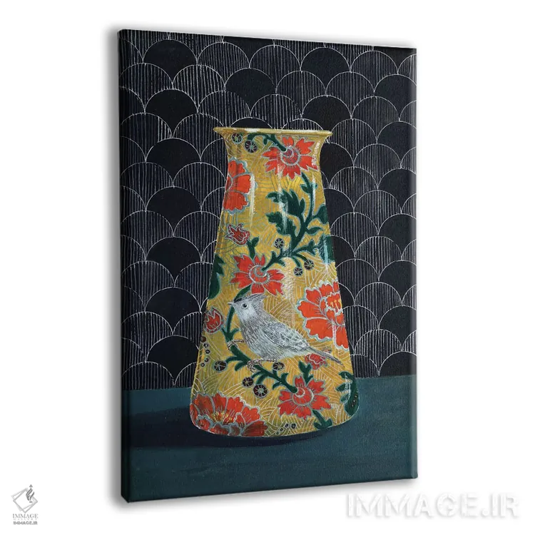 تابلو مدرن گلدان زرد با پرنده چرخ ریسک اثر میری اشت - نمای پرسپکتیو محصول