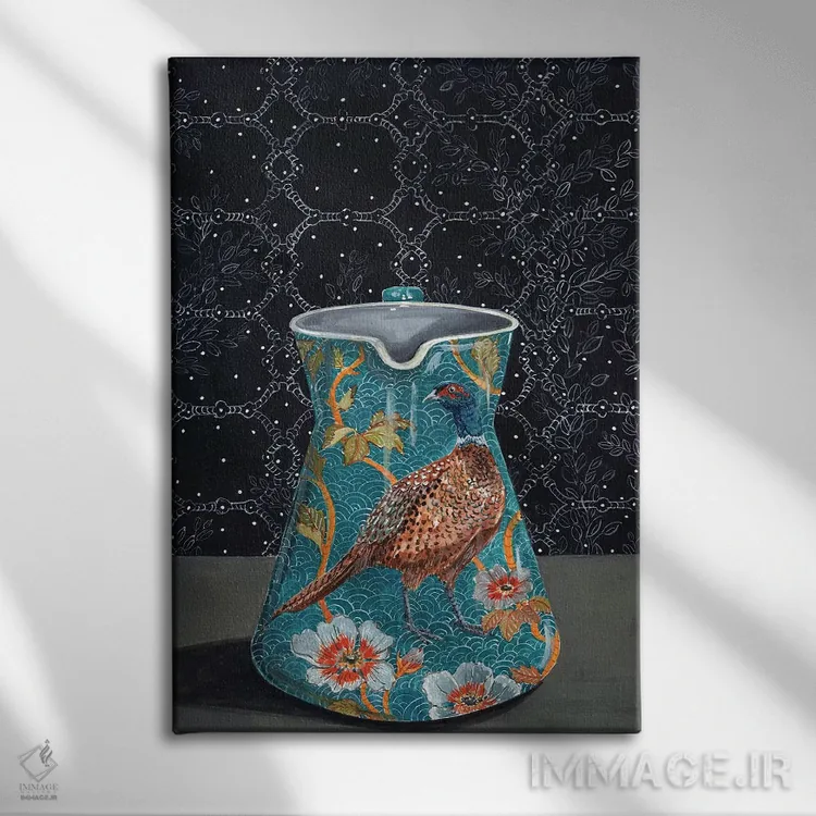 تابلو مدرن پارچ فیروزه ای با نقش قرقاول اثر میری اشت - نمای روبهرو روی دیوار