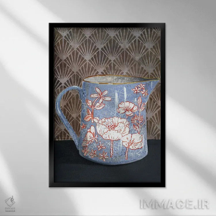 تابلو مدرن گلدان گل دار آبی کم رنگ اثر میری اشت - نمای قابدار مشکی