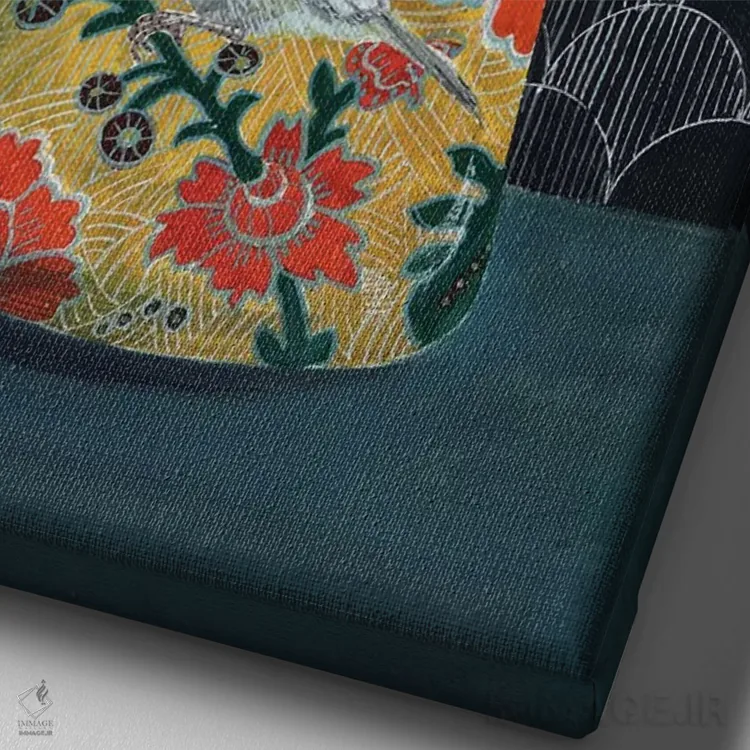 تابلو مدرن گلدان زرد با پرنده چرخ ریسک اثر میری اشت - نمای نزدیک بافت بوم