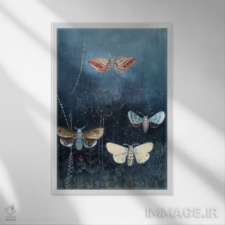 تابلو مدرن شب پره های شبانه روی زمینه آبی اثر میری اشت - نمای قابدار سفید