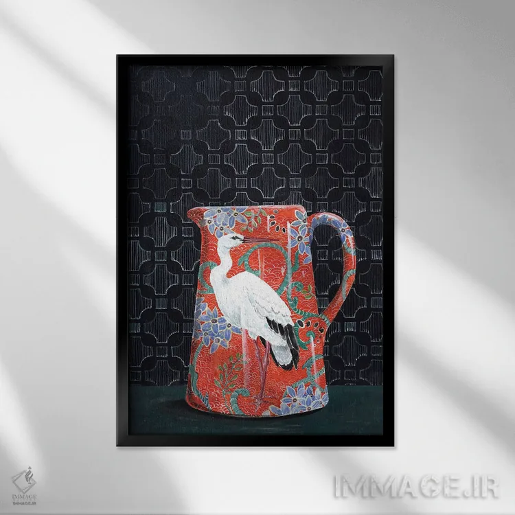 تابلو مدرن پارچ قرمز با نقش لک لک اثر میری اشت - نمای قابدار مشکی