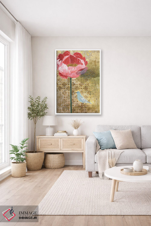 تابلو مدرن پرنده کوچک با گل صورتی اثر میری اشت - D3W