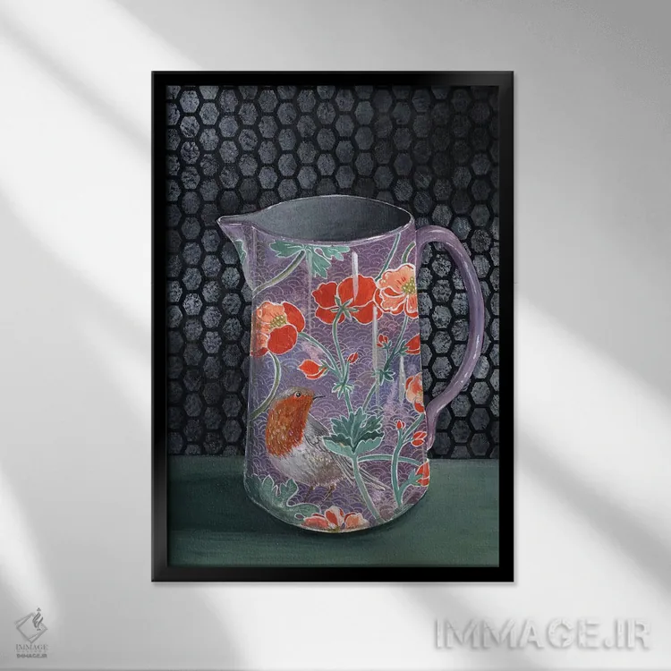 تابلو مدرن گلدان بنفش با سینه سرخ اثر میری اشت - نمای قابدار مشکی