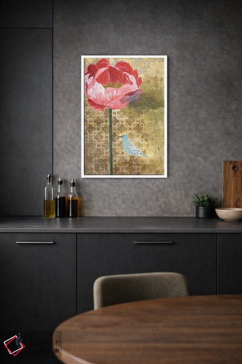 تابلو مدرن پرنده کوچک با گل صورتی اثر میری اشت - D1W