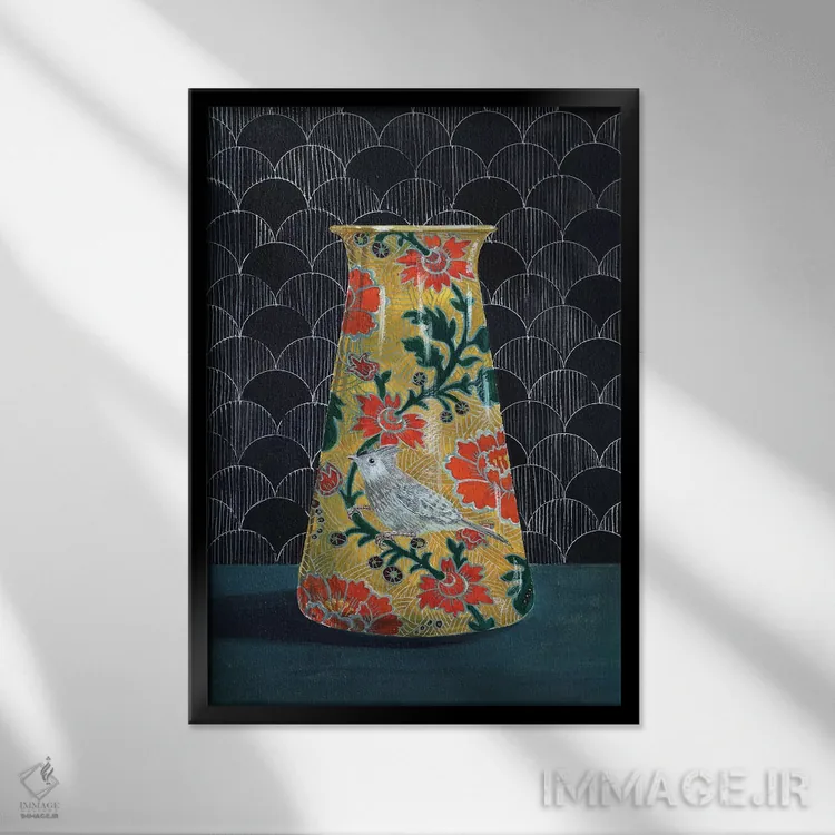 تابلو مدرن گلدان زرد با پرنده چرخ ریسک اثر میری اشت - نمای قابدار مشکی