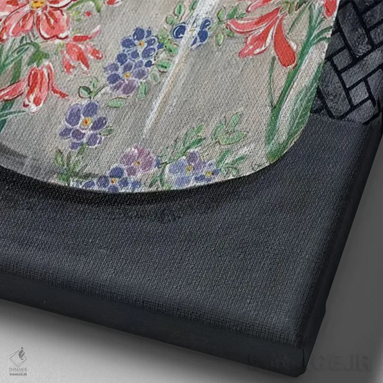 تابلو مدرن گلدان با نقش ایبیس سرخ اثر میری اشت - نمای نزدیک بافت بوم