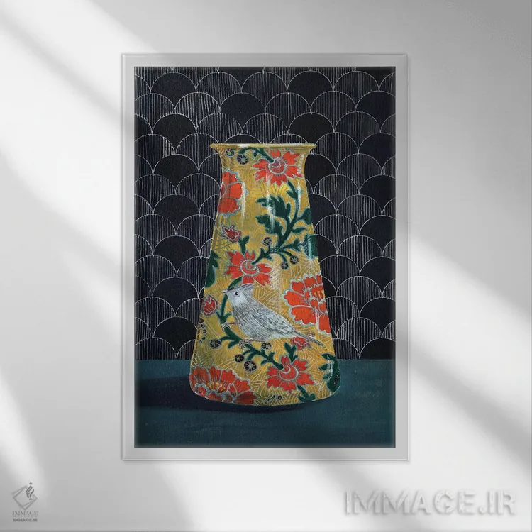 تابلو مدرن گلدان زرد با پرنده چرخ ریسک اثر میری اشت - نمای قابدار سفید